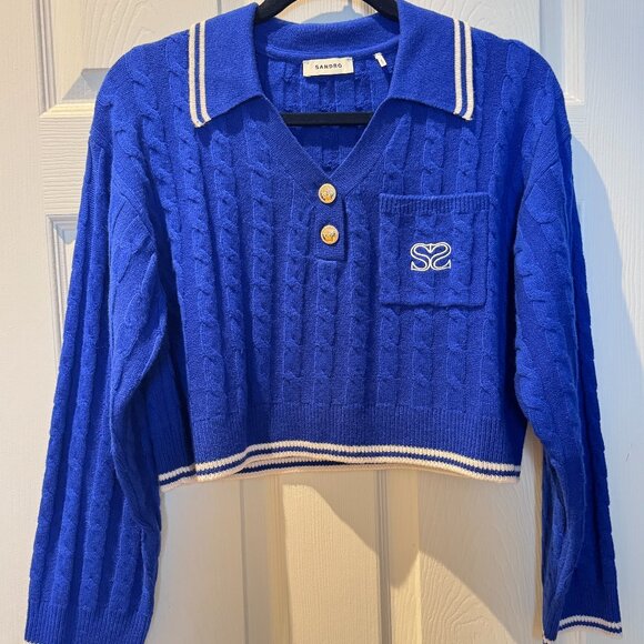 SANDRO NWOT Royal Blue Wool/Cashmere Cropped Cardigan W/ White Trim Size 2 (M/L) - Picture 1 of 6